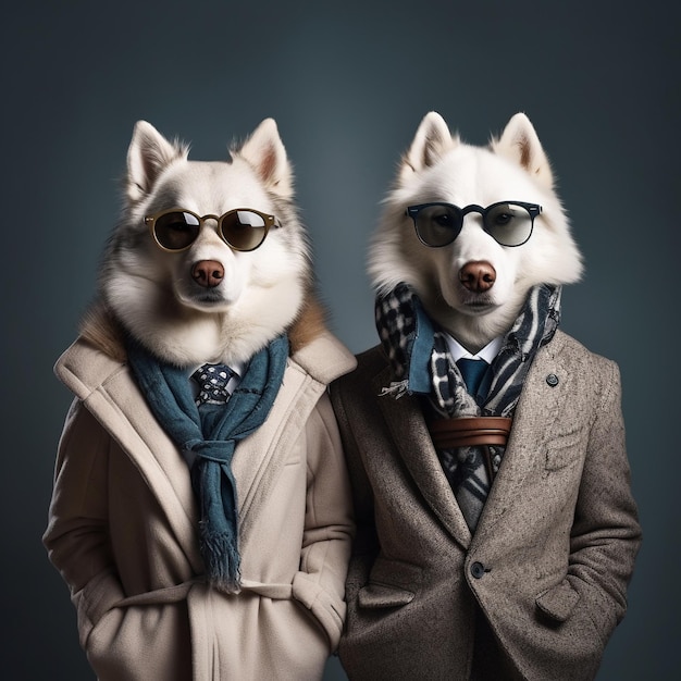 dois cachorros de óculos escuros e lenço estão posando para uma foto.