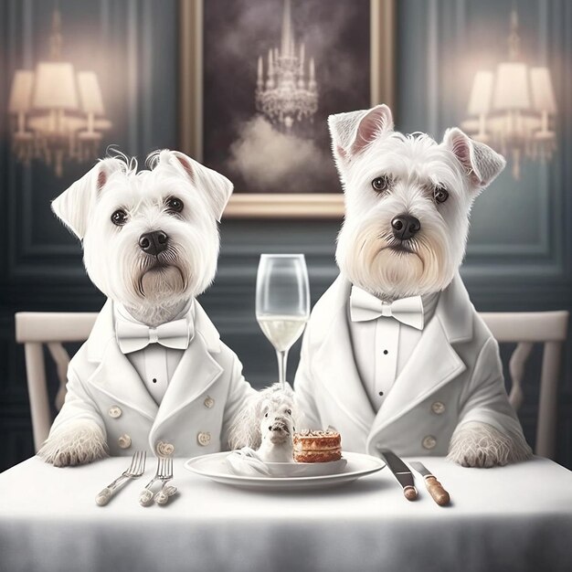 Dois cachorros de smoking estão sentados em uma mesa com um bolo na frente deles.