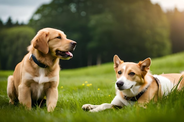 Dois cachorros deitados na grama, um dos quais é a palavra labrador.