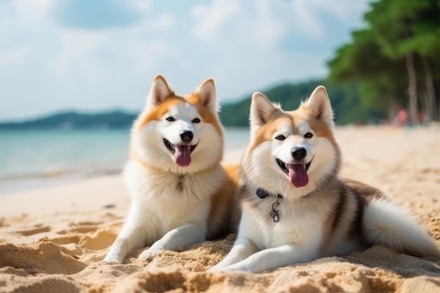 Dois cachorros deitados na praia com o céu ao fundo