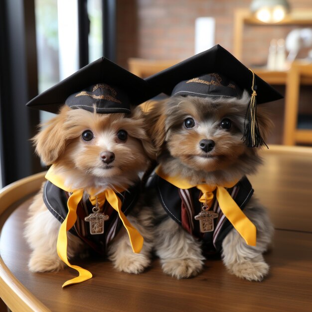 Foto dois cachorros em bonés de graduação