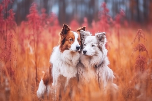 Dois cachorros em um campo com fundo de grama marrom