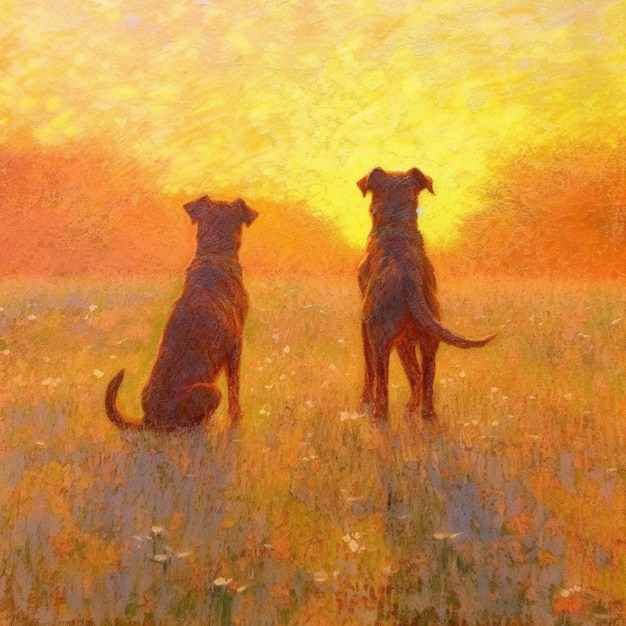 Foto dois cachorros em um campo olhando o pôr do sol