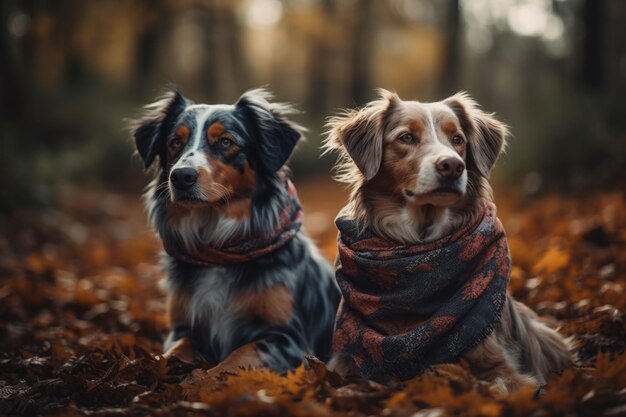 Dois cachorros em uma floresta com folhas de outono no chão Generative AI