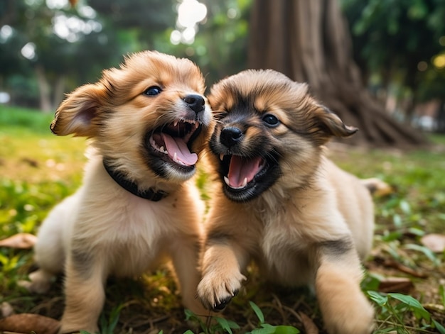 Dois cachorros estão brincando na grama e um está com a boca aberta e o outro está com a boca aberta.