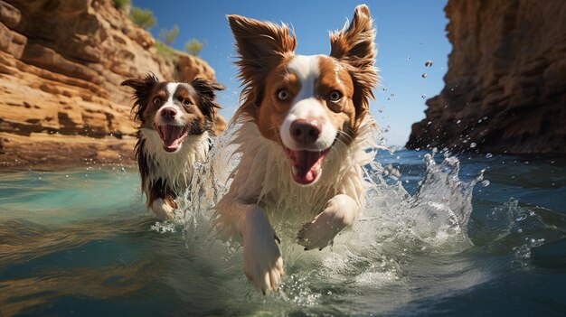 Dois cachorros felizes espirrando na água