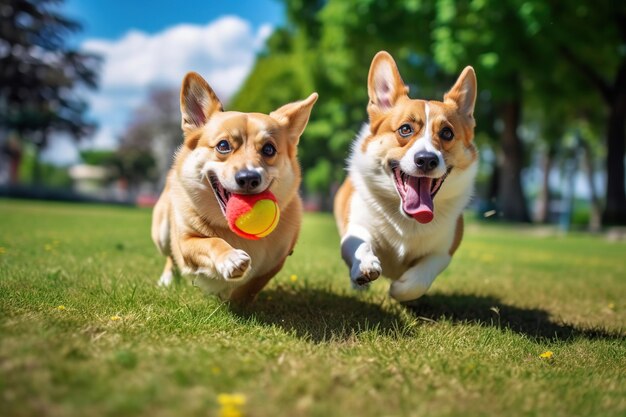 Dois cachorros fofos brincando com bola no parque Generative AI