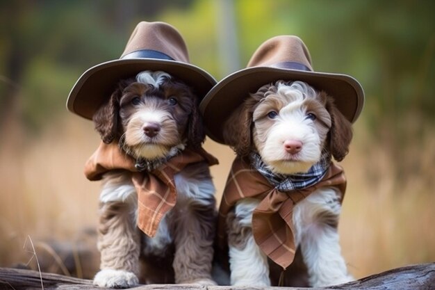 Dois cachorros usando chapéus e gravata borboleta