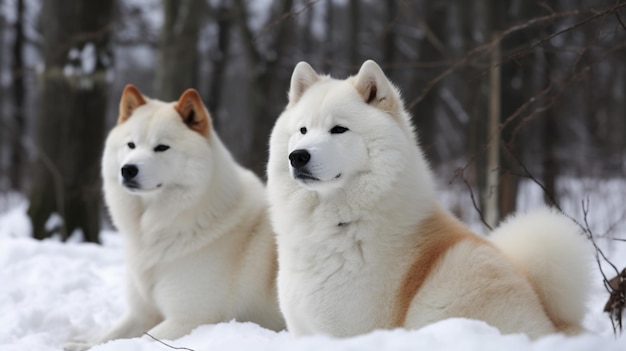 Foto dois cães akita sentam-se na neve