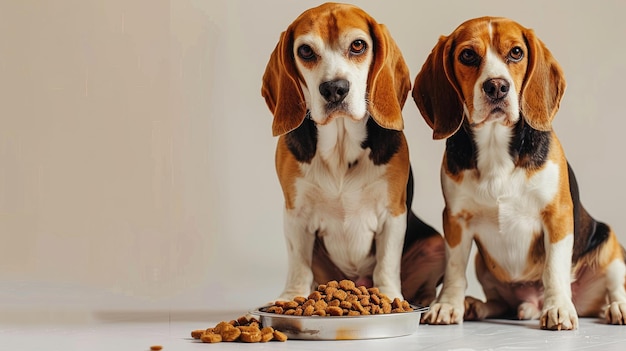 Dois cães beagles sentados com um prato de comida seca