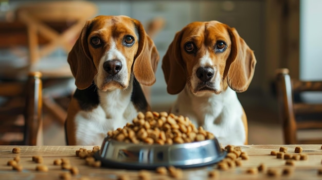 Dois cães beagles sentados com um prato de comida seca