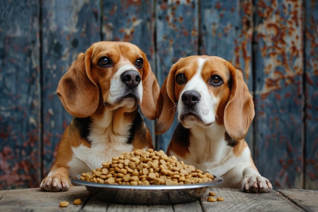 Dois cães beagles sentados com um prato de comida seca