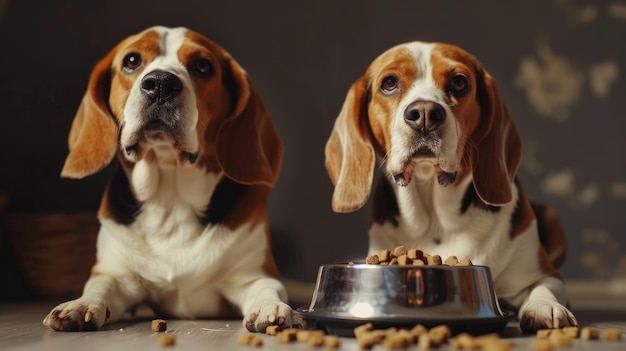 Foto dois cães beagles sentados com um prato de comida seca