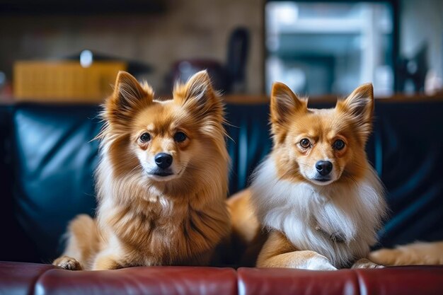 Dois cães bonitos olhando e deitados no sofá em casa Cães em apartamentos da cidade IA generativa