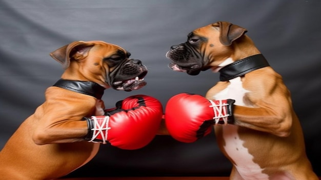 Foto dois cães boxer estão lutando com um usando uma luva de boxe vermelha