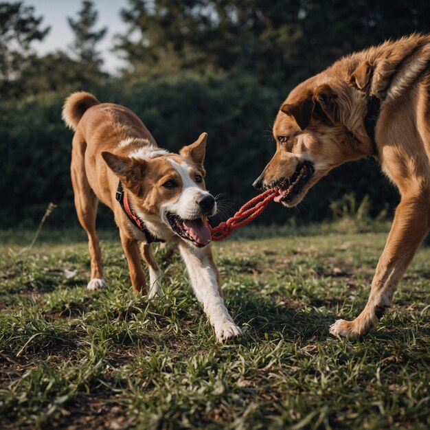 dois cães brincando com um brinquedo que tem a palavra cão nele