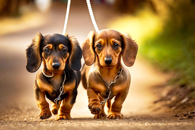 Dois cães dachshund na coleira para passear na ilustração generativa de ai do parque