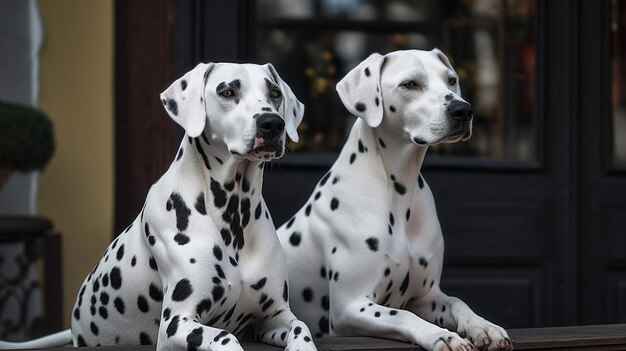 Dois cães dálmatas sentam-se em uma varanda