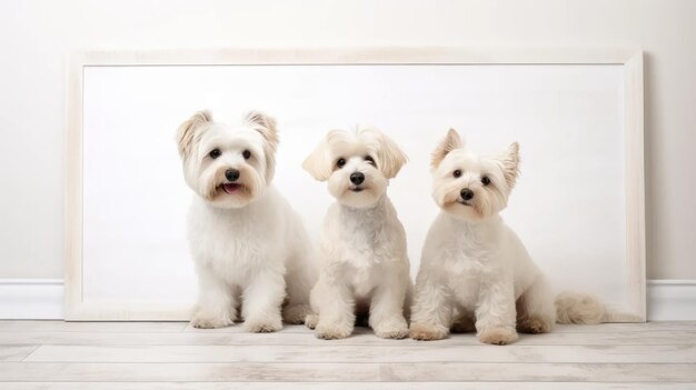 Dois cães deliciosos posam com uma prancha vazia contra um fundo branco prístino perfeito para promoções petreladas