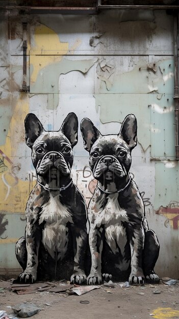 Foto dois cães em uma parede com graffiti e a palavra cães