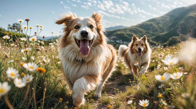 dois cães estão correndo em um campo com uma montanha ao fundo