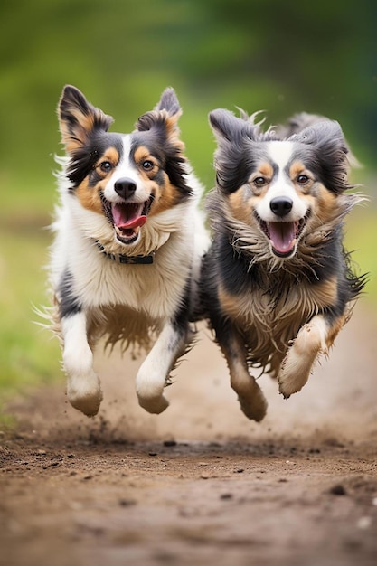 Dois cães estão correndo na sujeira um tem o número 2 na coleira