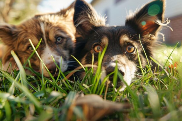 Dois cães estão deitados na grama um deles olhando para a câmera