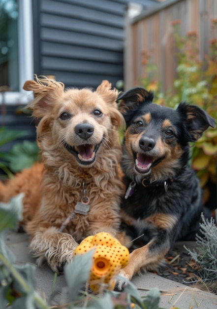 Foto dois cães felizes deitados no chão um ao lado do outro