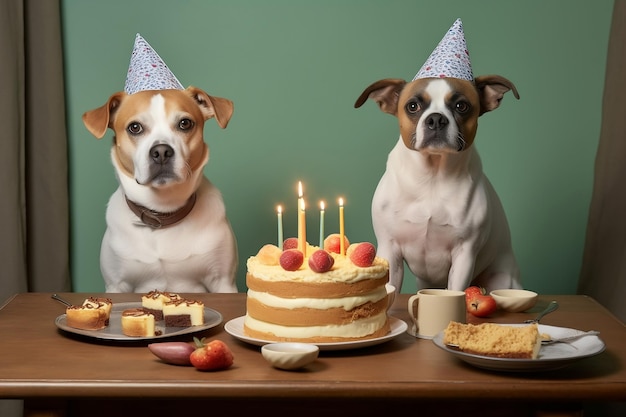 Foto dois cães felizes sentados na frente de um bolo de aniversário e outras sobremesas variadas celebrando uma ocasião especial