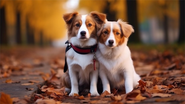 Dois cães sentados num parque num dia ensolarado.