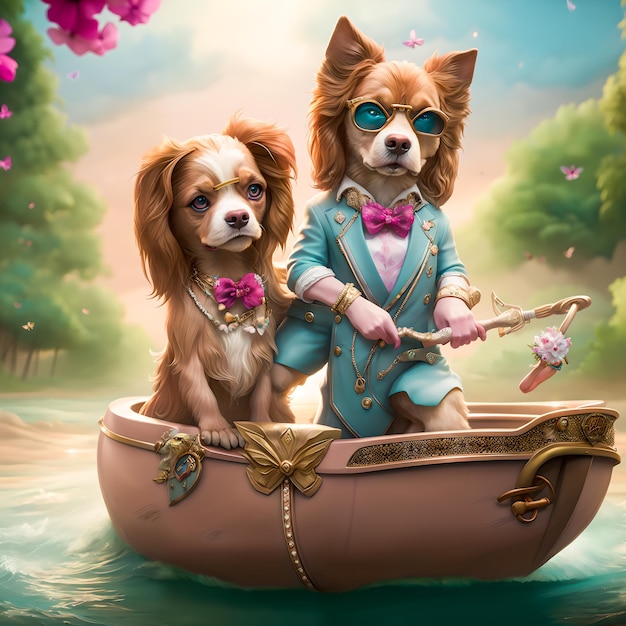 Dois cães spaniel, menino e menina, estão sentados no barco