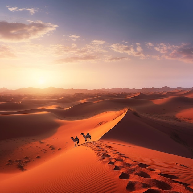 Dois camelos estão a caminhar pelas dunas de areia ao pôr do sol.