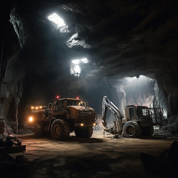 Dois caminhões em uma caverna escura com luzes acesas.