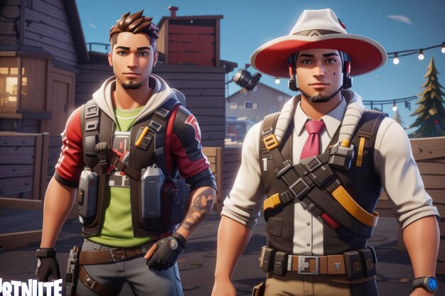 dois caras em roupas Fortnite de pé em uma rua com um edifício no fundo