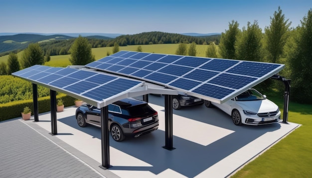 Dois carros estacionados sob painéis solares