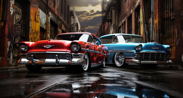 dois carros vintage com graffiti que parecem carros nas ruas