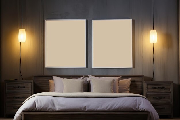 Foto dois cartazes verticais em branco na parede do quarto 3d renderizando dois quadros vazios no quarto ai gerado