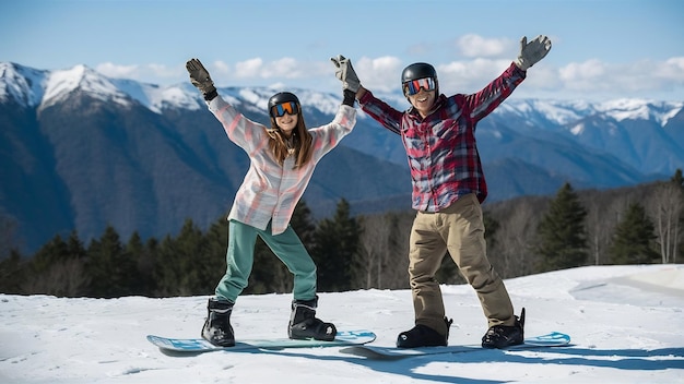 Dois casais a divertir-se e a fazer snowboard.