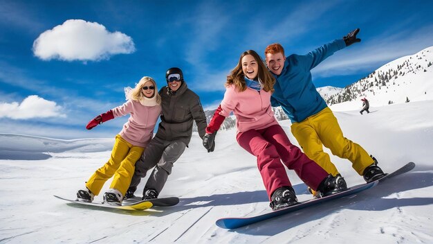 Dois casais a divertir-se e a fazer snowboard.