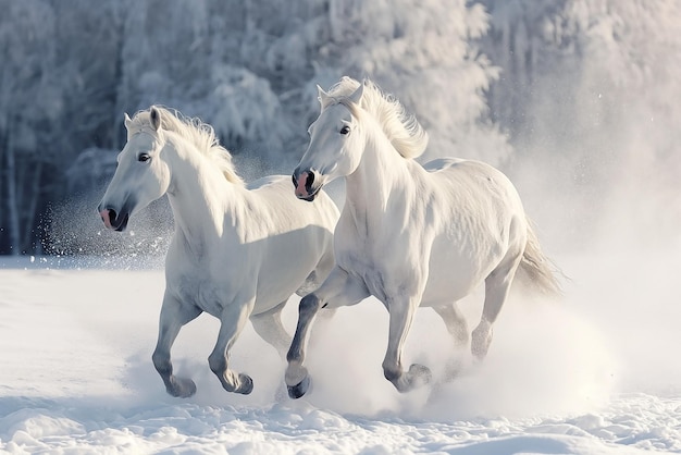 Dois cavalos brancos galopando juntos em um campo coberto de neve em um fundo de uma floresta de inverno