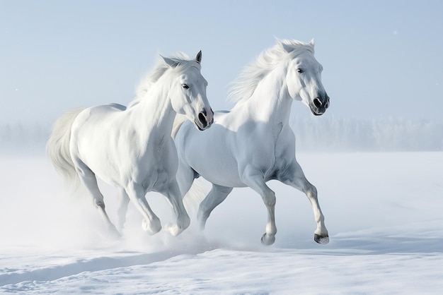 Dois cavalos brancos galopando juntos em um campo coberto de neve em um fundo de uma floresta de inverno