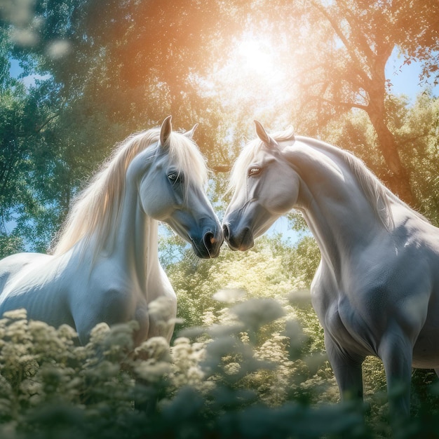 Dois cavalos brancos no prado em um dia ensolarado de verão