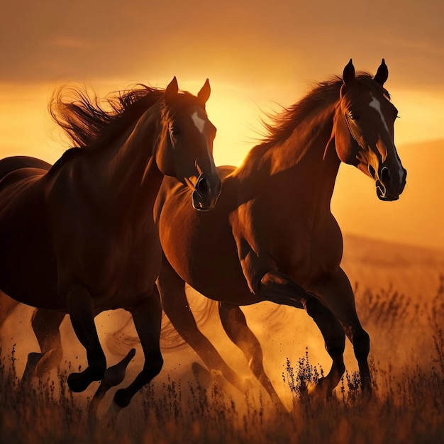 Dois cavalos castanhos galopando em um campo ensolarado ao pôr do sol Generative Ai