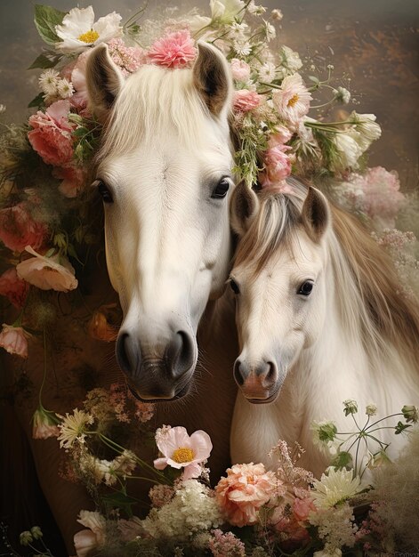 Foto dois cavalos com flores e um cavalo branco