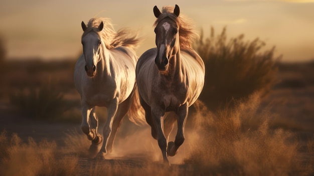 Dois cavalos correndo ao pôr do sol