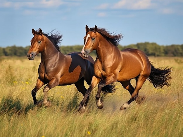 Dois cavalos correndo em um campo com a palavra cavalos à esquerda.