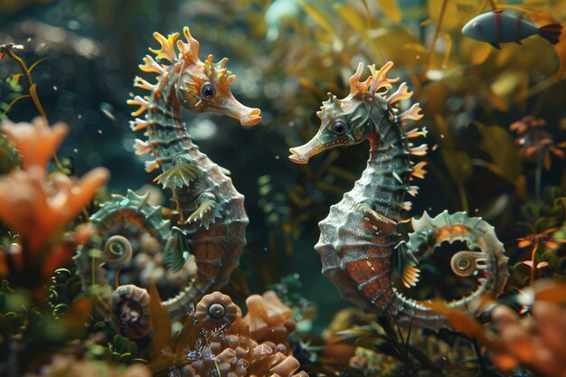 Foto dois cavalos-do-mar estão num tanque com os cavalos- do-mar