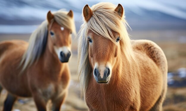 Dois cavalos islandeses de crina exuberante em um pasto sereno com montanhas ao fundo Criados com ferramentas de IA generativas