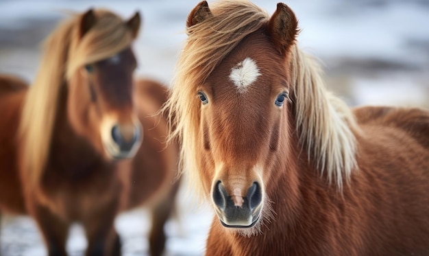 Dois cavalos islandeses de crina exuberante em um pasto sereno com montanhas ao fundo Criados com ferramentas de IA generativas