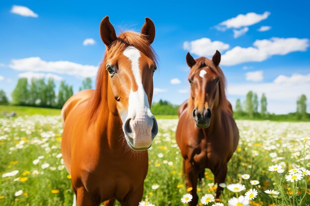 Dois cavalos na primavera no campo